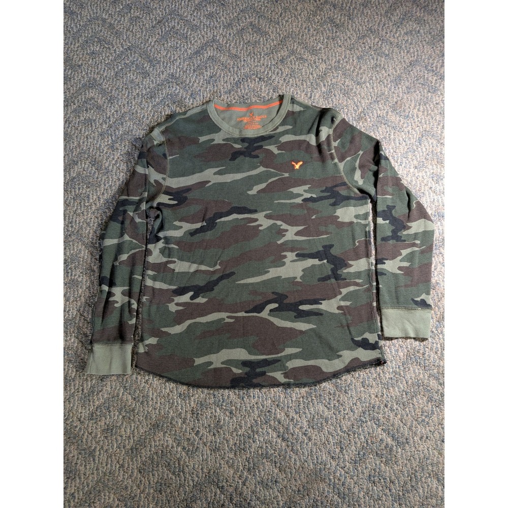 American Eagle Mens XL Camo Waffle Knit Thermal Long Sleeve Shirt Orange Eagle